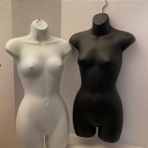 Two 30” Mannequin Torso Hanging Forms, one black, one white hollow body front